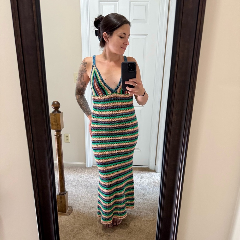 Zara Striped Crochet Maxi Dress in Green, Tan, Cream, Black - Picture 3 of 3